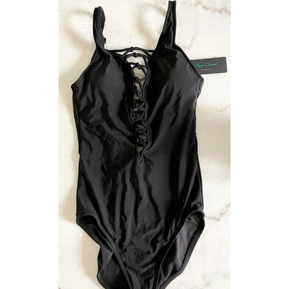 Aqua Green Deep Plunge Black Lace Up One Piece Swimsuit Small New - Picture 9 of 11